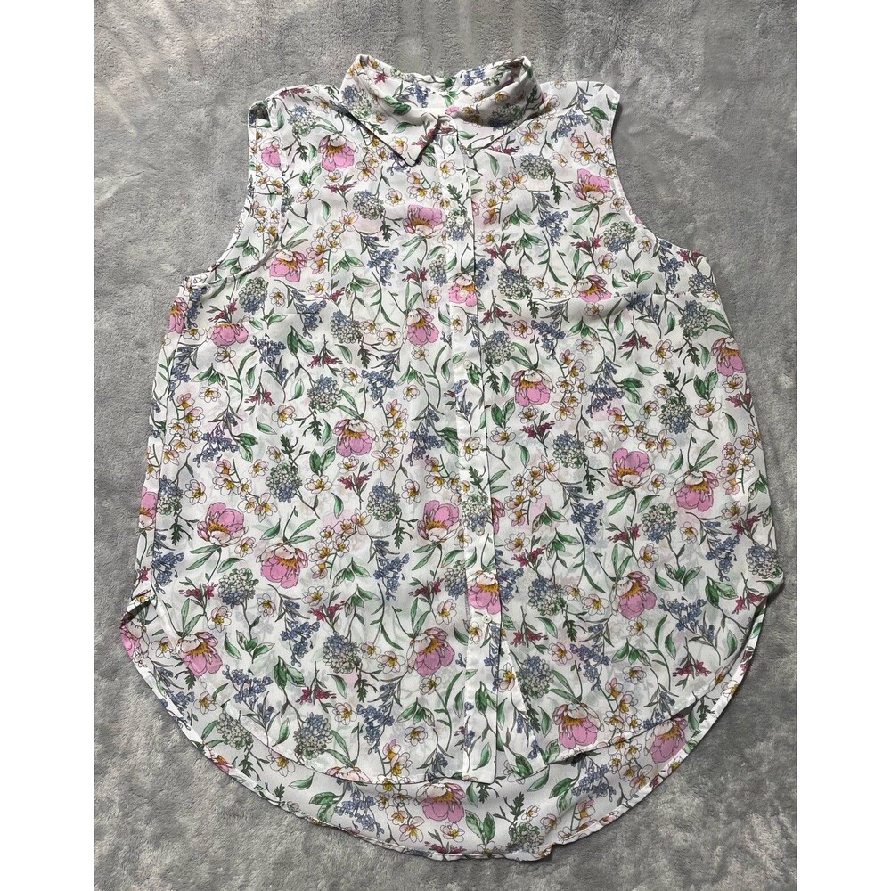 H&M White Floral Button-Down Top Collared Sleeveless Blouse Women’s 14 Sheer